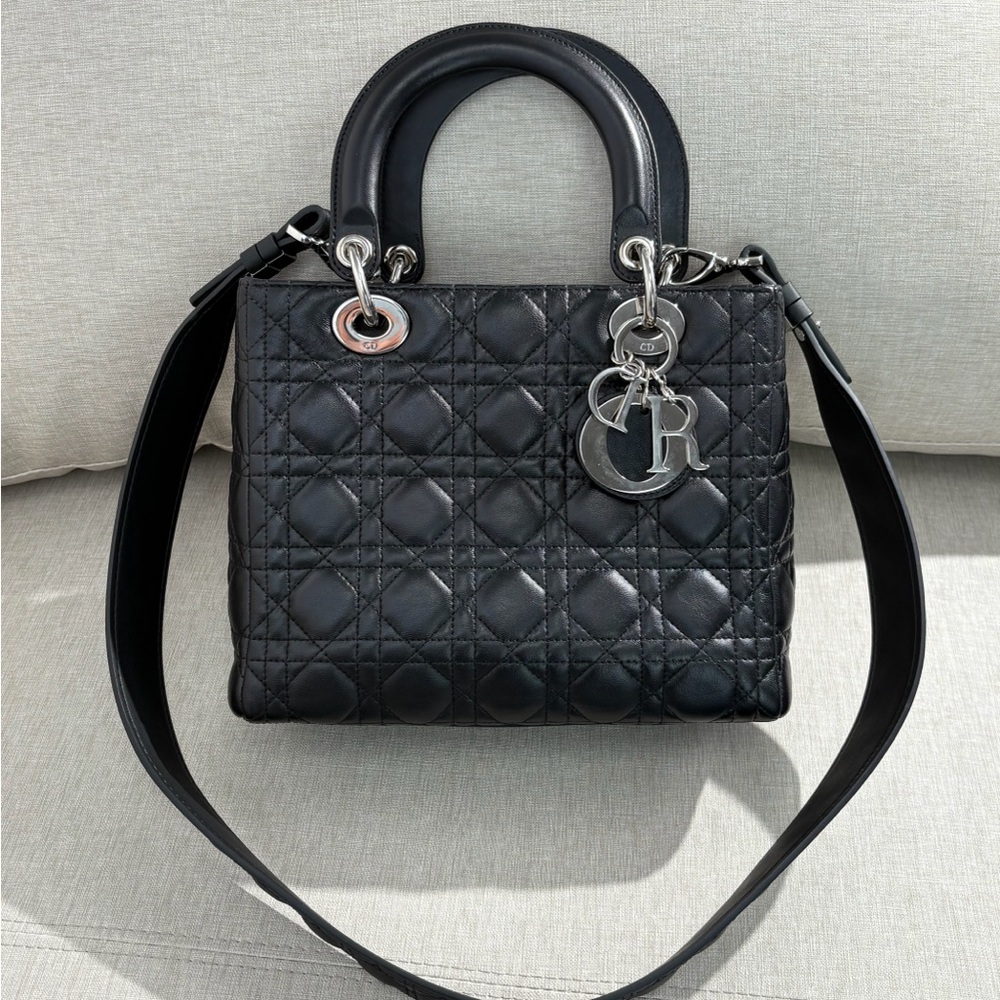 DIOR Black Lambskin Lady Dior Medium SHW (Color Changed)
